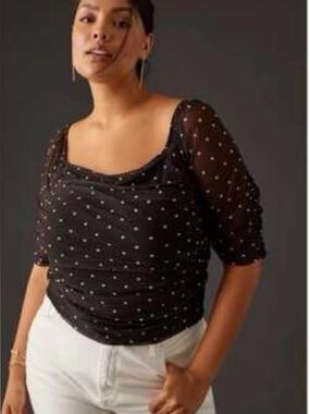 Anthropologie 2X Black White Polka Dot Mesh Square Neck Ruched Crop Top